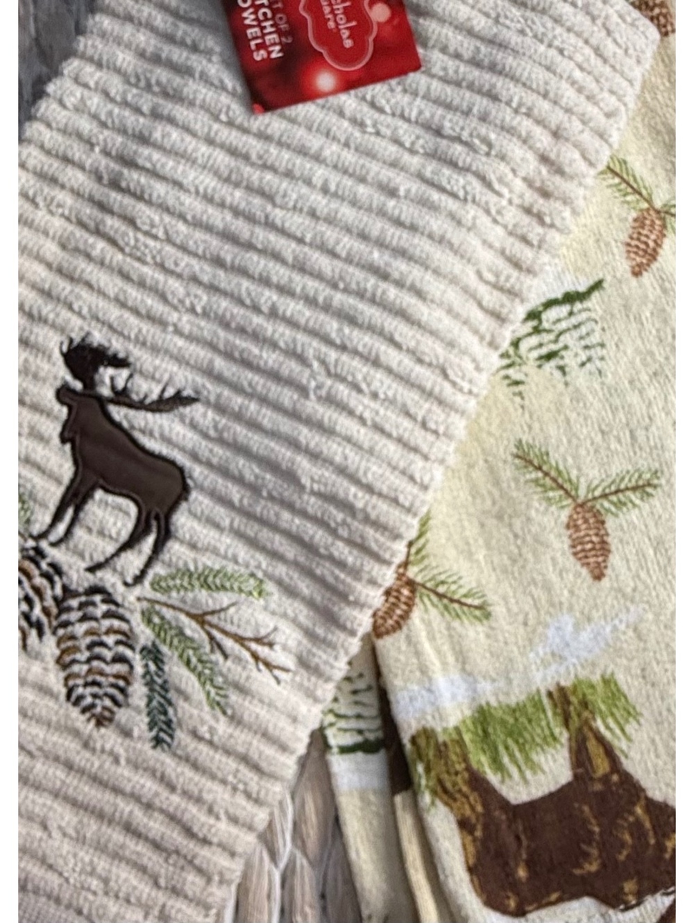 St Nicholas Square Beige Kitchen Towels with Moose and Pinecone Embroidery Set